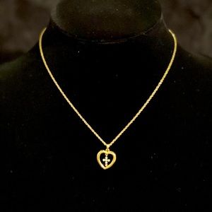 Gold tone Heart necklace with cross